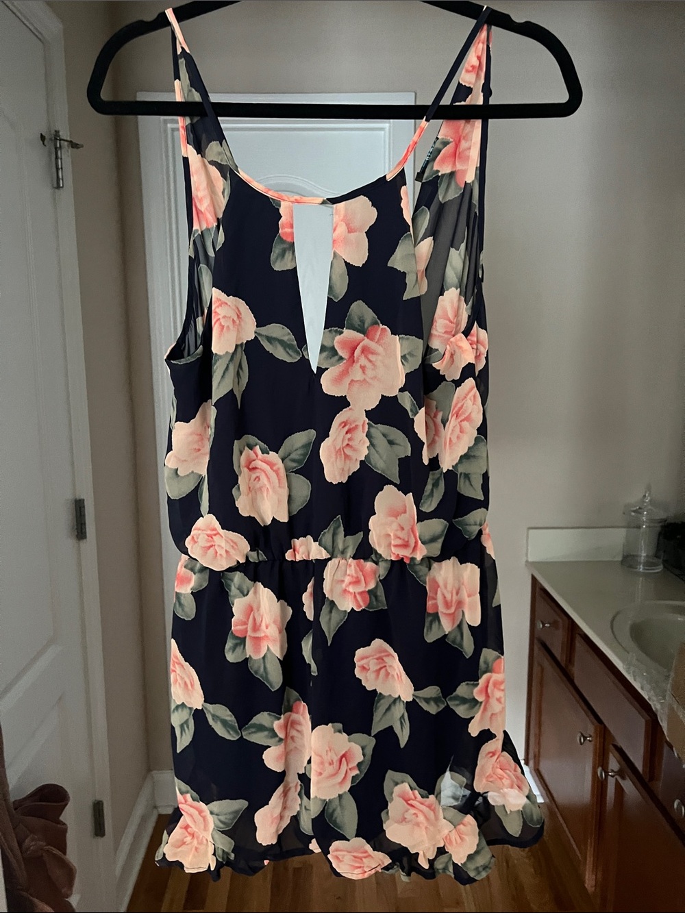 Navy Floral Mini Dress with Pink Rose Print